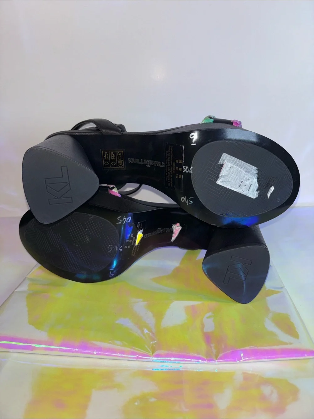 Karl Lagerfeld Black Leather Sandal with Rainbow Braided Trim NWOT 6.5 & 9